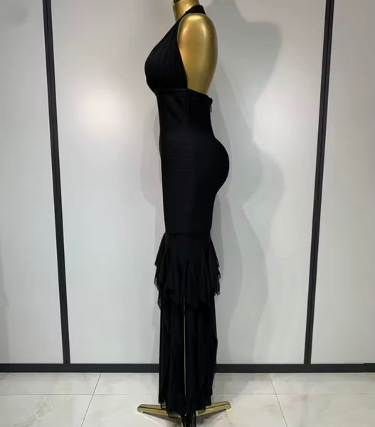 Women Sexy Halter Sleeveless Black Tassel Maxi Dress