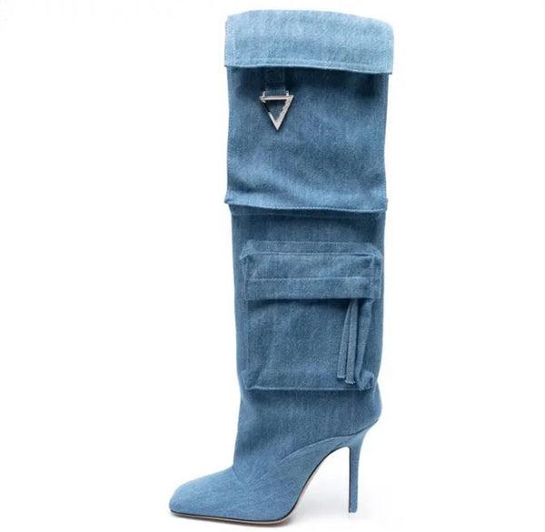 Women Color Fashion Pocket Denim Knee High Boots