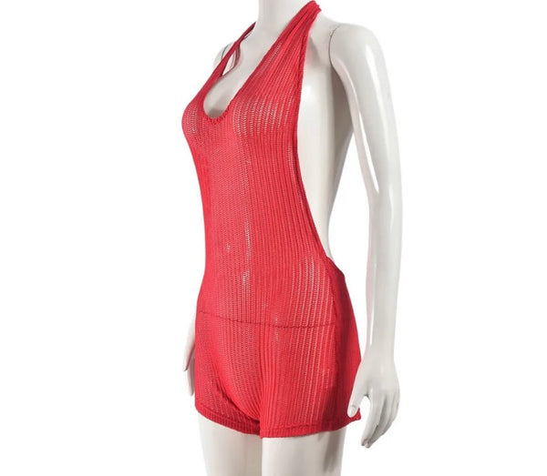 Women Sexy Red Halter Sleeveless See Through Romper