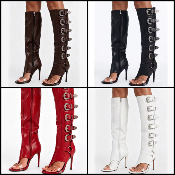 Women Fashion Open Toe Buckled Zip Up Knee High Boots