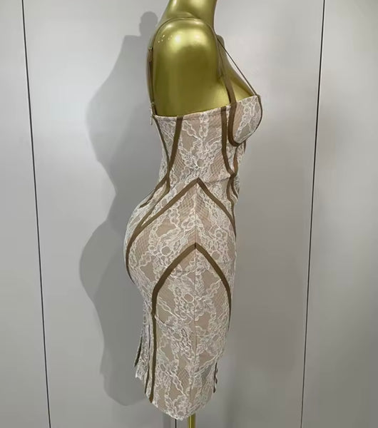 Women Sexy Sleeveless Striped Lace Dress