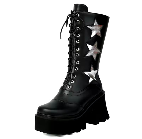 Women Fashion Faux Leather Star Lace Up Platform Boots