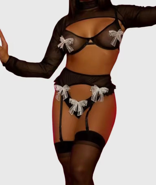 Women Sexy Black Bow Mesh Lingerie Set