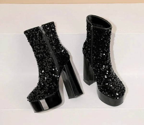 Women Platform Sequins Fashion Ankle Boots