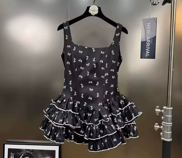 Women Sexy Sleeveless Ruffled Bow Print Two Piece Short Set