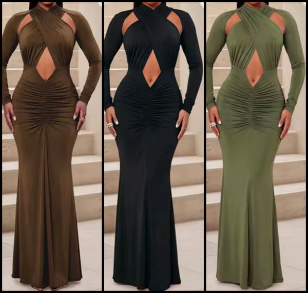 Women Sexy Halter Cut Out Full Sleeve Maxi Dress
