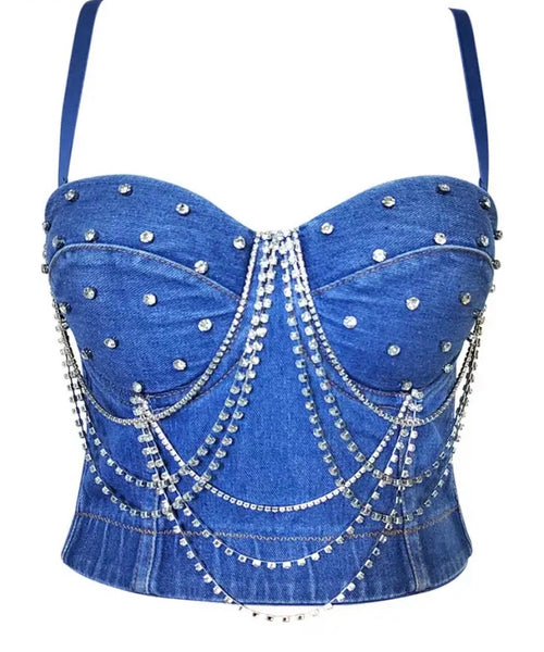 Women Sleeveless Rhinestone Fashion Denim Crop Top