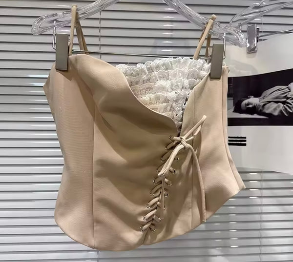 Women Strapless Ruffled Khaki Sexy Two Piece Skirt Set
