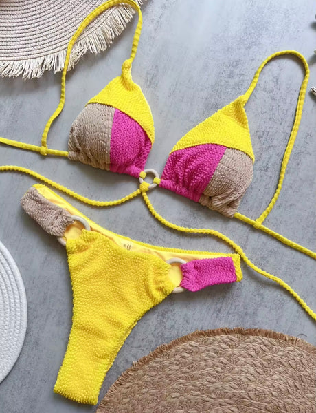 Women Sexy Halter Tie Up Color Patchwork Bikini Swimsuit