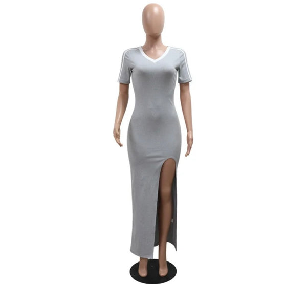 Women Sexy Striped Short Sleeve Side Split Maxi Dress