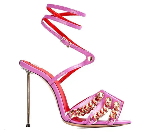 Women Color Chain Pointed Toe High Heel Ankle Strap Sandals