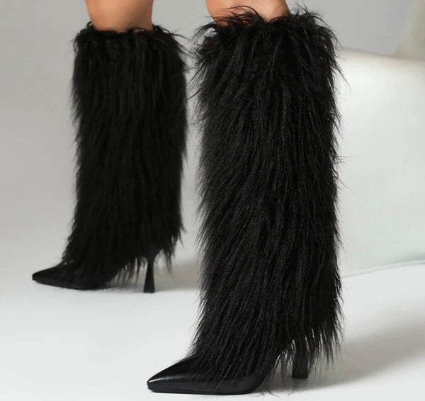 Women Color Fashion Faux Fur Knee High Boots