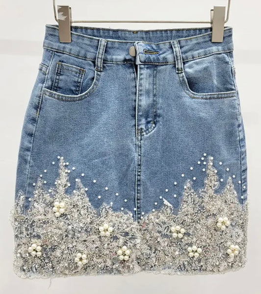 Women Fashion Pearl Bling Denim Skirt