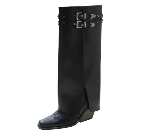 Women Knee High Buckled Black Fashion Boots