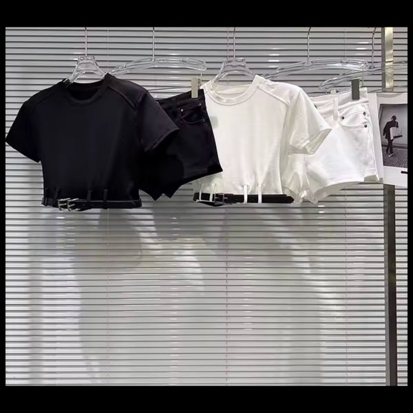 Women Fashion Belted Short Sleeve Crop Two Piece Short Set