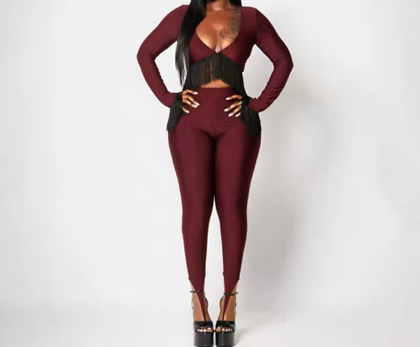 Women Fringe Tassel Full Sleeve Fashion Two Piece Pant Set
