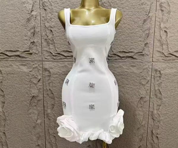 Women Sexy Sleeveless Ruffled Rhinestone Dress