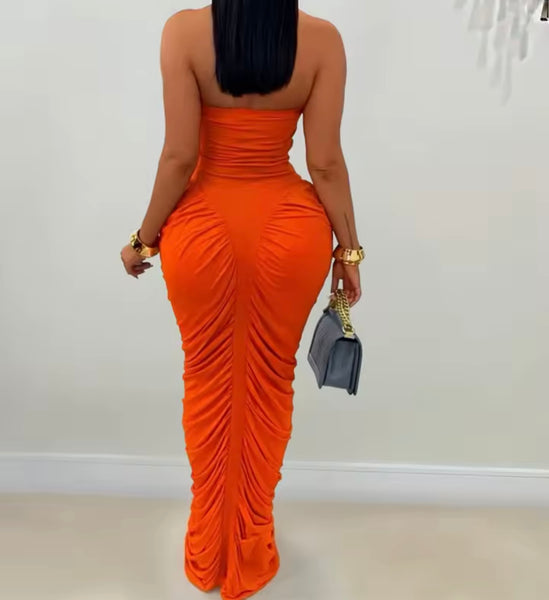 Women Sexy Strapless Ruched Maxi Dress