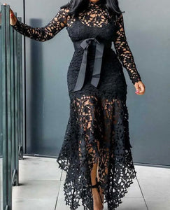 Women Sexy Color Lace Full Sleeve Bow Maxi Dress