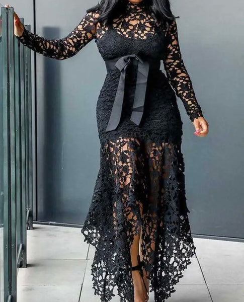 Women Sexy Color Lace Full Sleeve Bow Maxi Dress