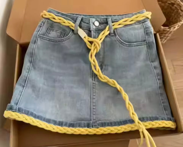 Women Fashion Denim Yellow Rope Patchwork Skirt