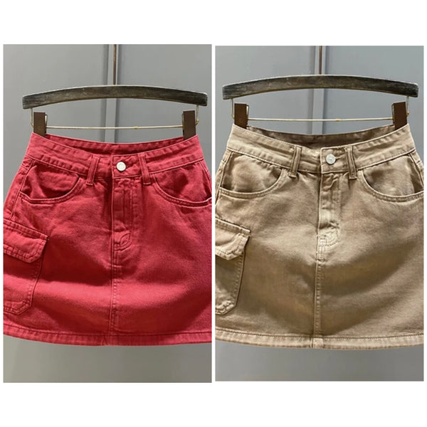 Women Fashion Side Pocket Drawstring Denim Skirt