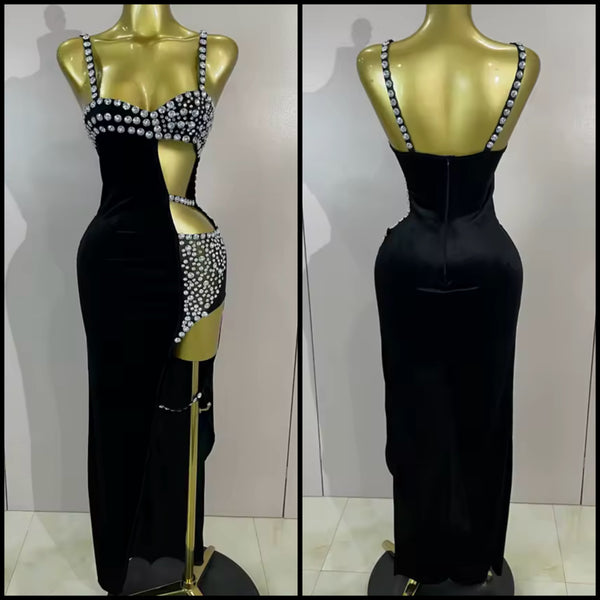 Women Sleeveless Black Cut Out Rhinestone Velour Maxi Dress