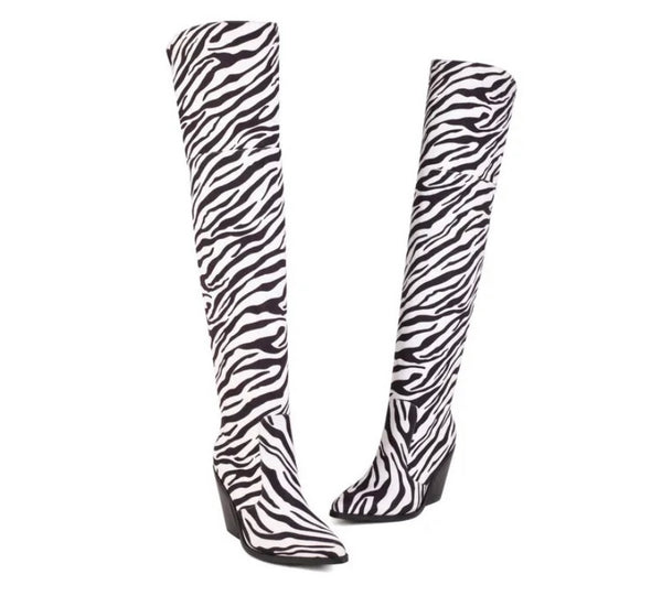 Women Faux Leather Zebra Print Western Boots