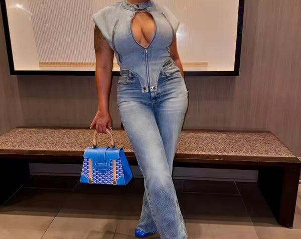 Women Zip Up Sleeveless Denim Top