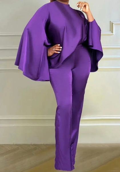 Women Sexy Satin Solid Color Batwing Two Piece Pant Set