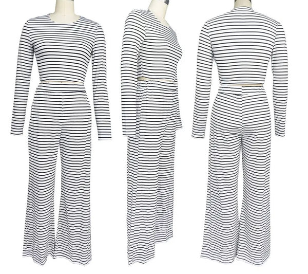 Women Fashion Full Sleeve Striped Two Piece Pant Set