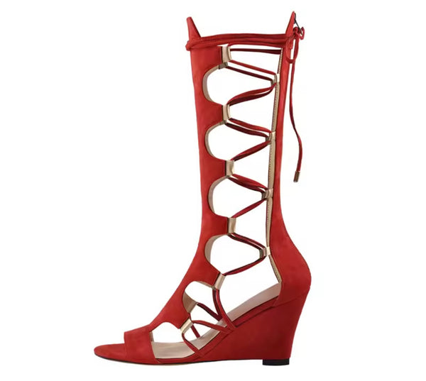 Women Fashion Suede Gladiator Lace Up Wedge Sandals