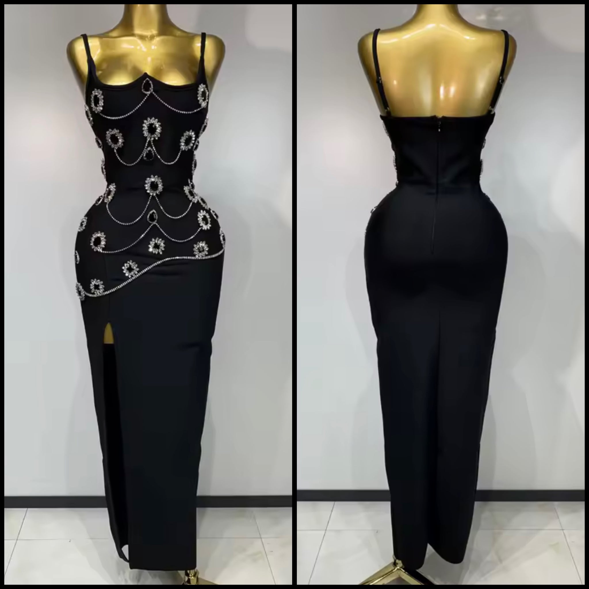 Women Sexy Sleeveless Black Rhinestone Chain Side Split Dress