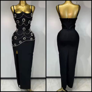 Women Sexy Sleeveless Black Rhinestone Chain Side Split Dress
