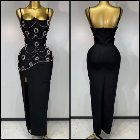 Women Sexy Sleeveless Black Rhinestone Chain Side Split Dress