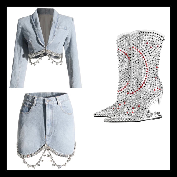 Women Full Sleeve Denim Rhinestone Blazer Two Piece Skirt Set