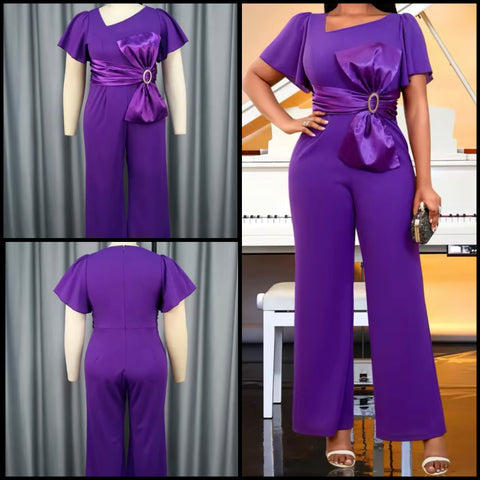 Women Fashion Purple Short Sleeve Bow Jumpsuit