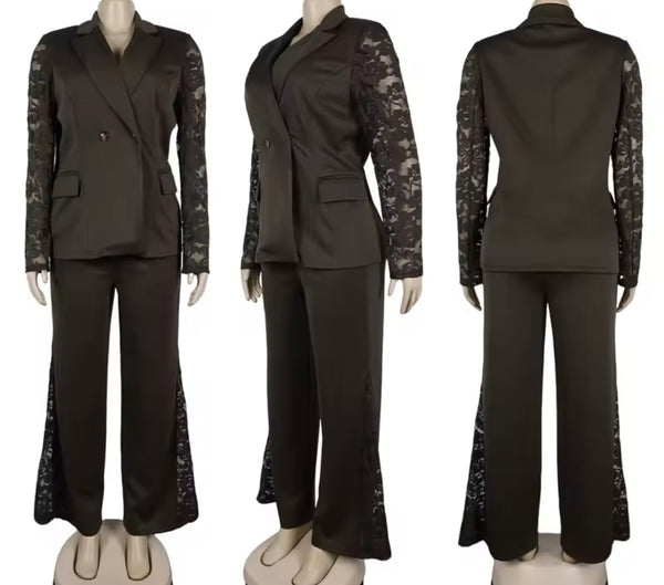 Women Lace Patchwork Blazer Two Piece Pant Set