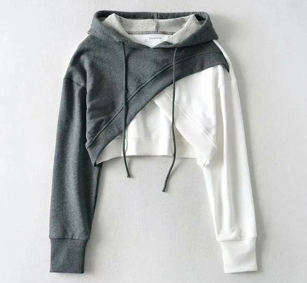 Women Fashion Color Patchwork Hooded Crop Top