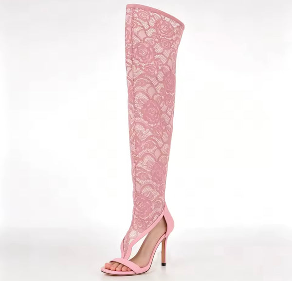 Women Fashion Open Toe Lace High Heel Knee High Boots