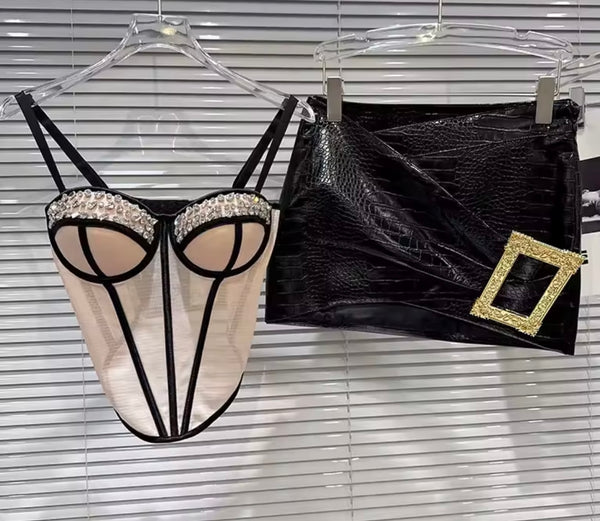 Women Rhinestone Sleeveless Camisole Two Piece Leather Skirt Set