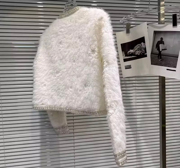 Women White Rhinestone Sequins Quilted Blazer Two Piece Skirt Set