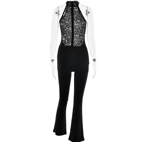 Women Sexy Sleeveless Lace Patchwork Wrap Jumpsuit