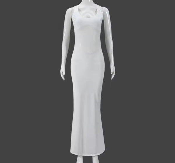 Women Sexy White Sleeveless Mesh Patchwork Maxi Dress