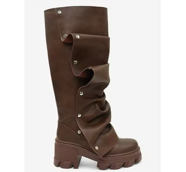 Women Fashion Faux Leather Button Platform Knee High Boots