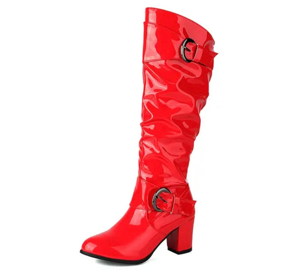 Women Fashion Patent Leather Buckled Knee High Boots