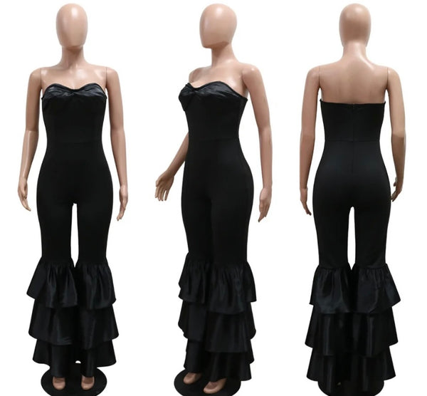 Women Black Sexy Strapless Ruffled Wide Leg Jumpsuit