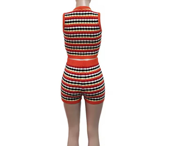 Women Button Up Sleeveless Striped Fashion Two Piece Short Set