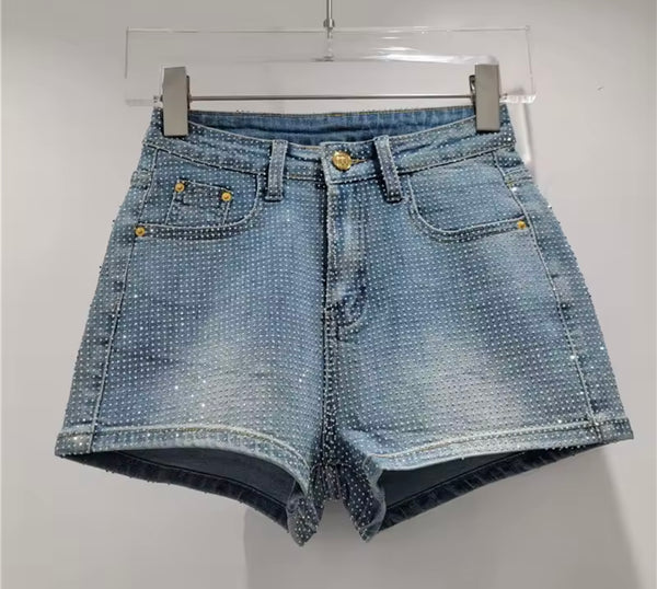 Women Fashion High Waist Bling Rhinestone Denim Shorts