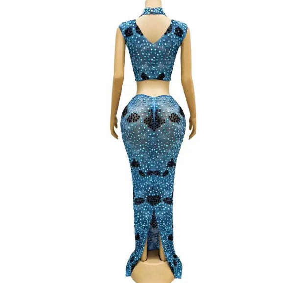 Women Sexy Color Patchwork Bling Sleeveless Two Piece Maxi Skirt Set